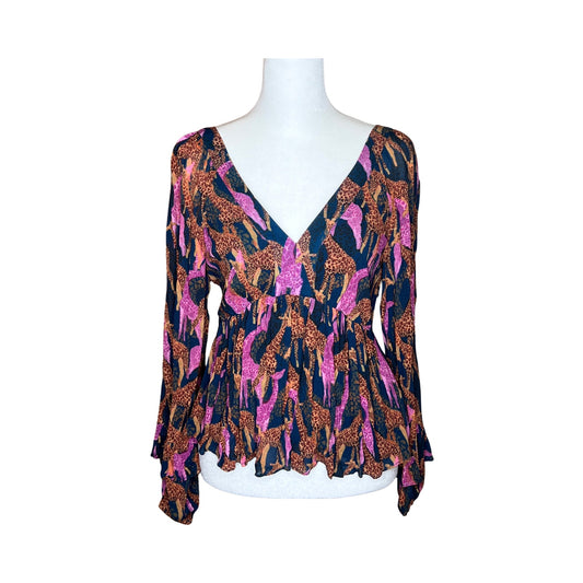 Farm Rio Anthropologie Jirafas Ruffled Top Giraffe Novelty Boho Whimsical Hippie