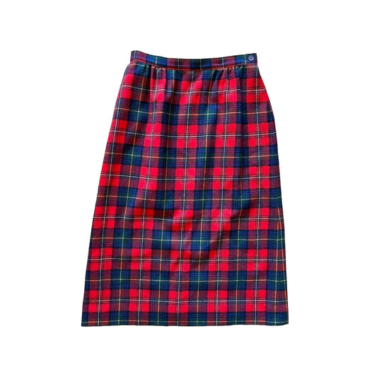 Vintage Pendleton Womens Tartan Plaid Midi Skirt Size 8 Pure Virgin Wool Red Blue Made in USA