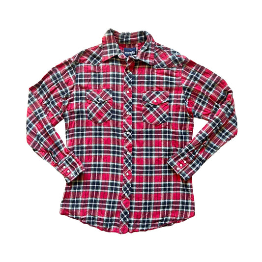 Vintage 90s Wrangler Mens Flannel Shirt Size L Red Plaid Pearl Snap Buttons Western Country