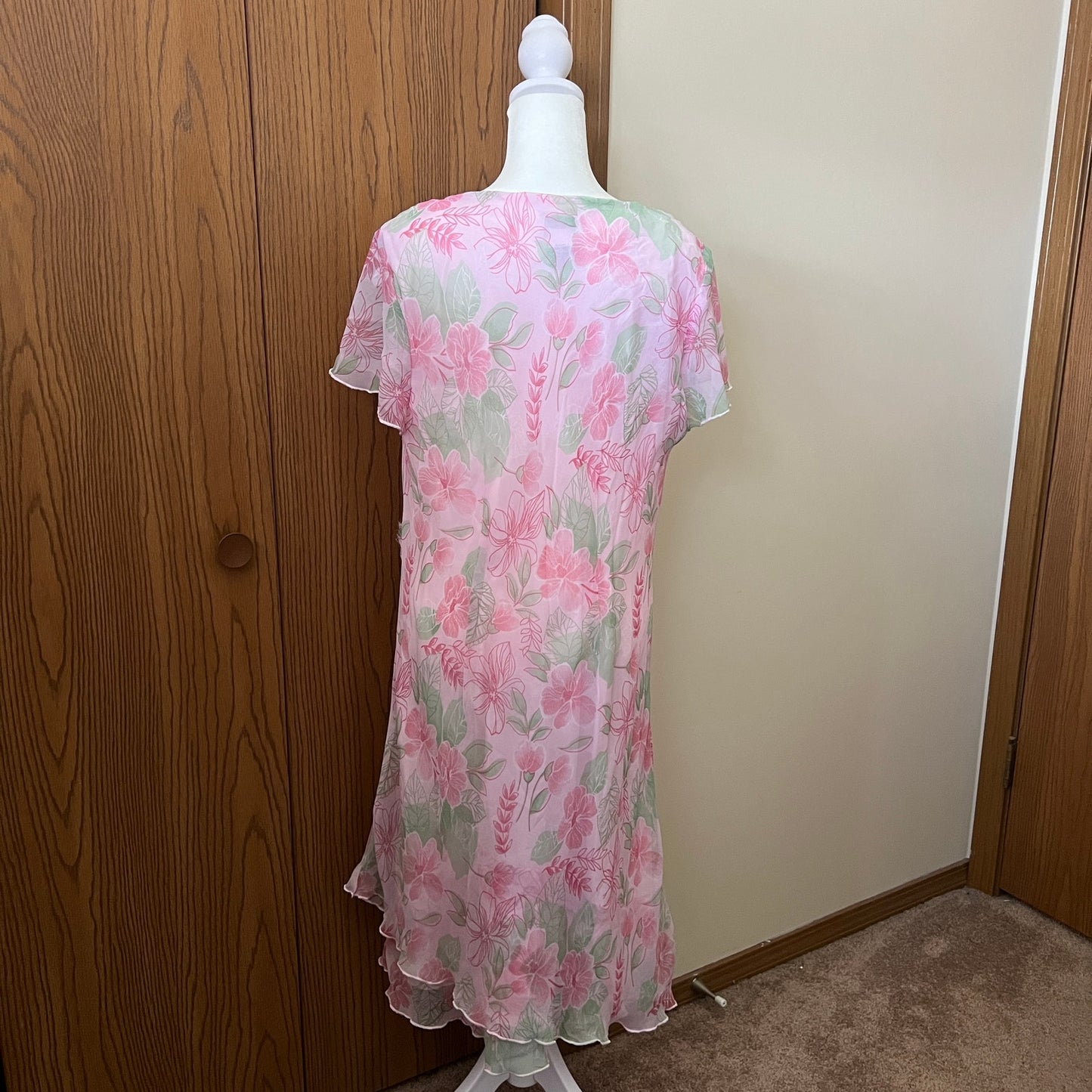Vtg 90s Fashion Bug Midi Dress 16W Pink Floral Ruffled Feminine Romantic Soft Girl