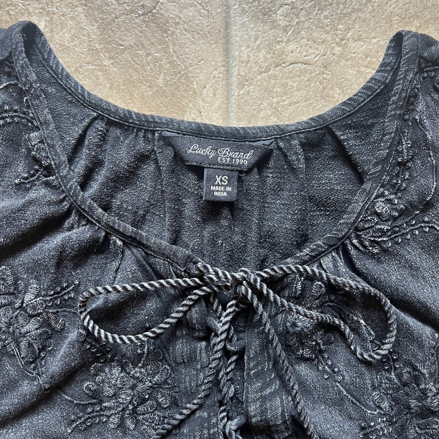 Lucky Brand Womens Beaded Embroidered Tank Top Size XS Black Tassle Tie Front