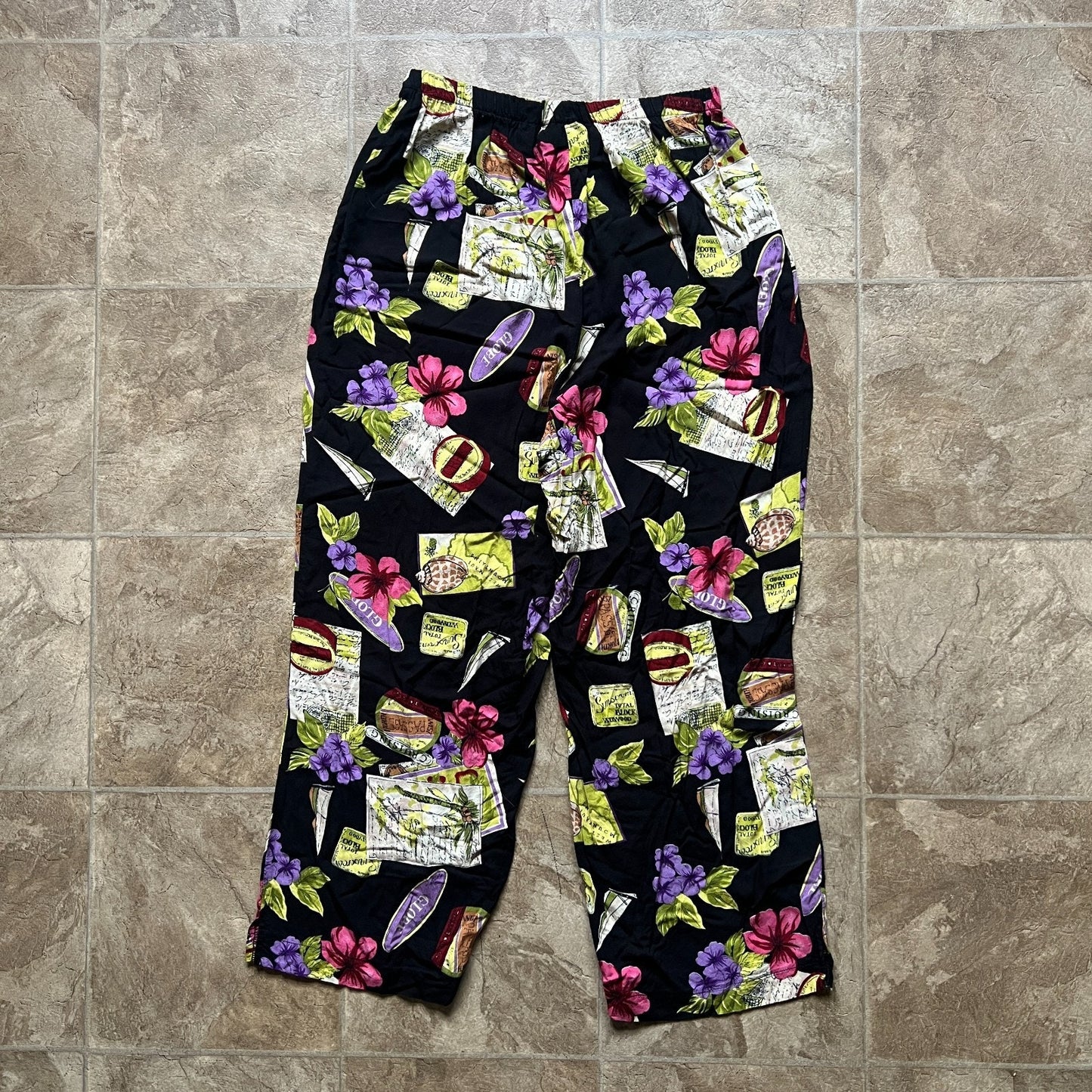 Vtg 90s Womens Pants L Multi-color Novelty Print Beachy Resort Vacation Boho