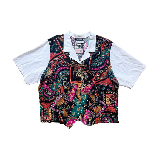 Vintage 80s Caliche Collection Womens Collared Top Size 24W Black Multicolor Abstract Pattern