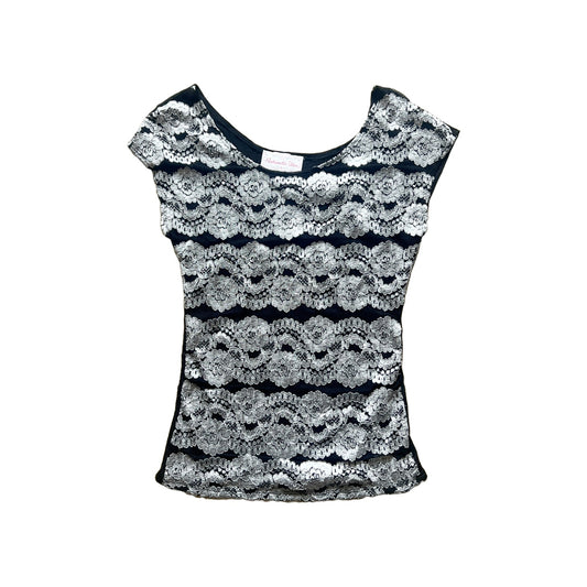 Vtg Y2K Panhandle Slim Top M Black Silver Floral