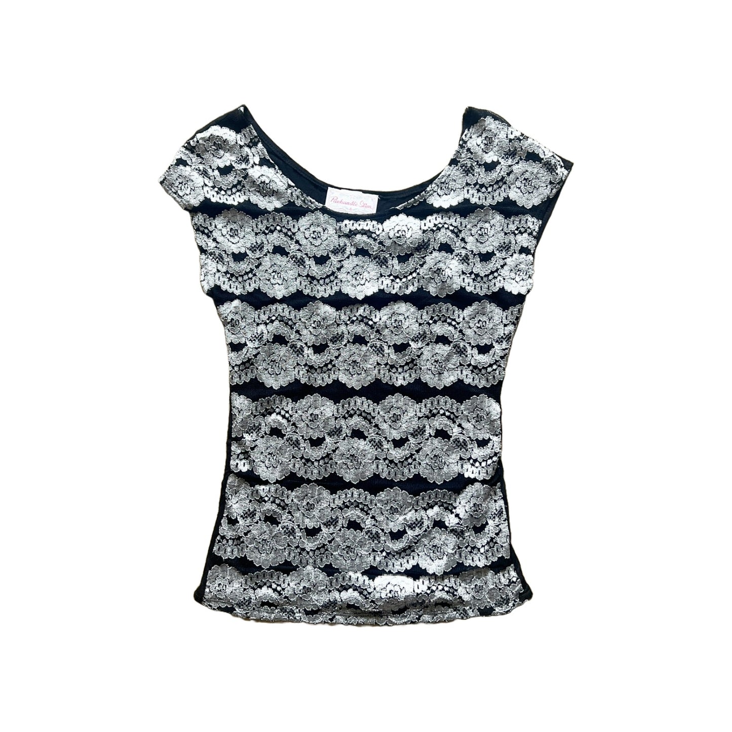 Vtg Y2K Panhandle Slim Top M Black Silver Floral