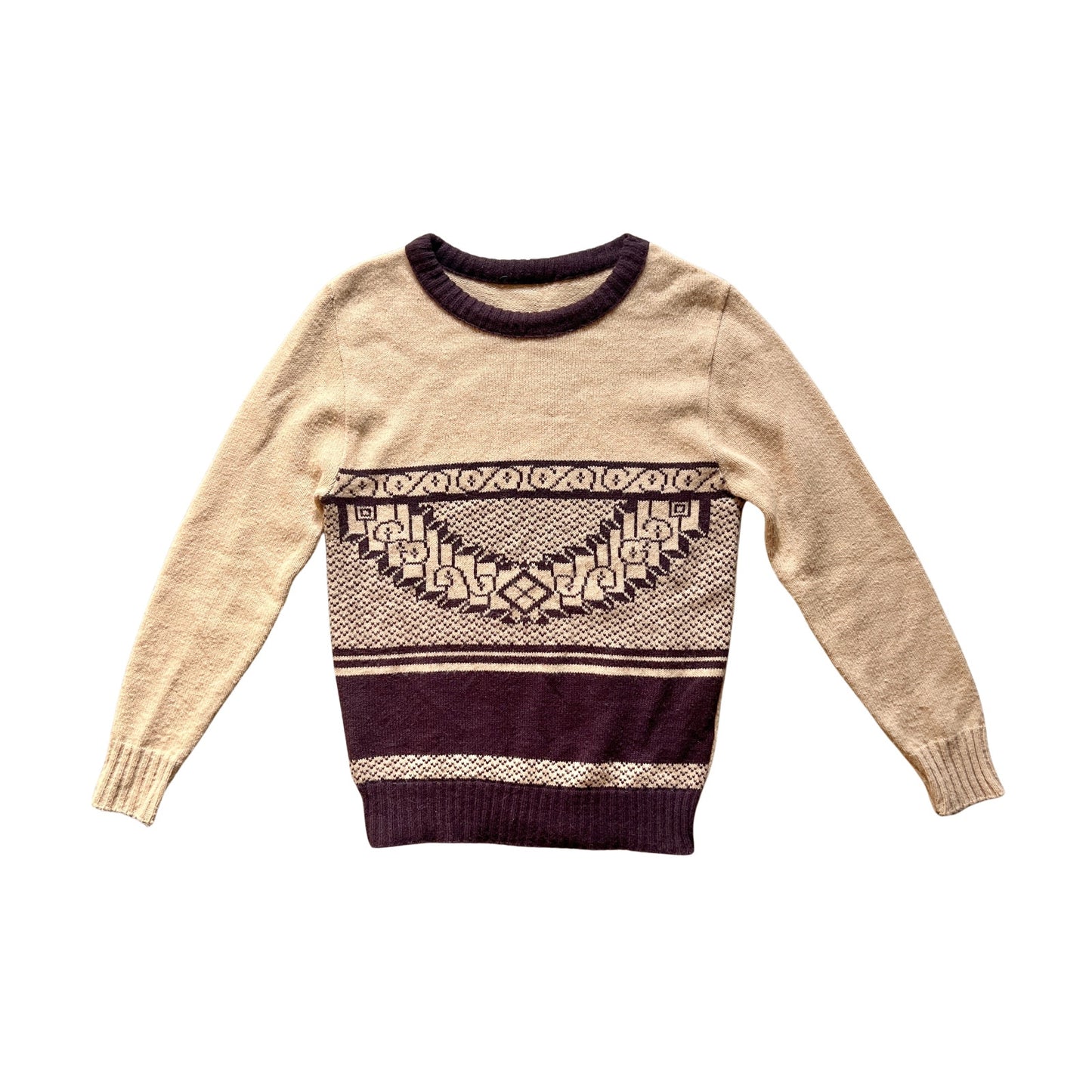 Vintage Wool Sweater Beige Chocolate Brown Geometric Western Indie Preppy Grunge