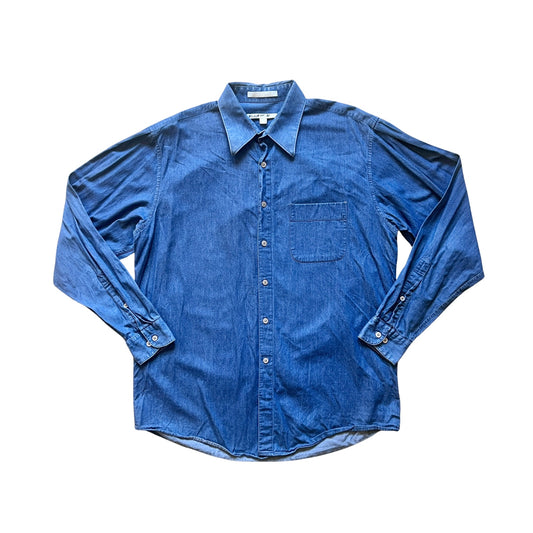Vintage 90s Perry Ellis Mens Blue Denim Button-down Shirt Size 16 x 34/35 Light-weight Classic Minimalist