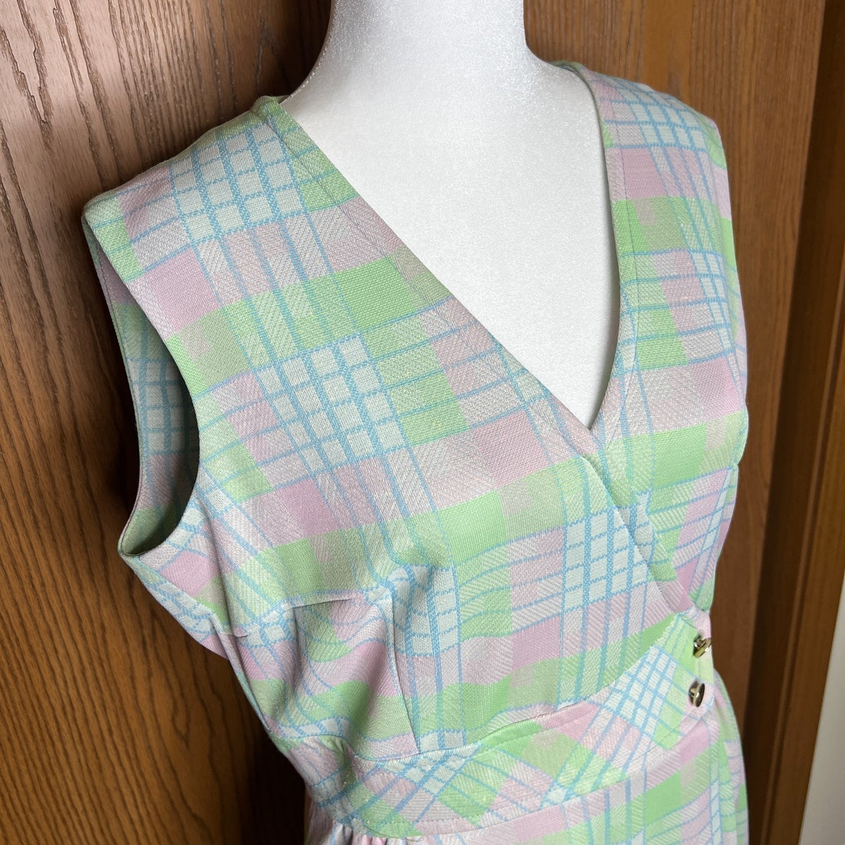 Vtg 70s Kay Windsor Dress Pastel Plaid Faux Wrap Mod Preppy Whimsical Candycore
