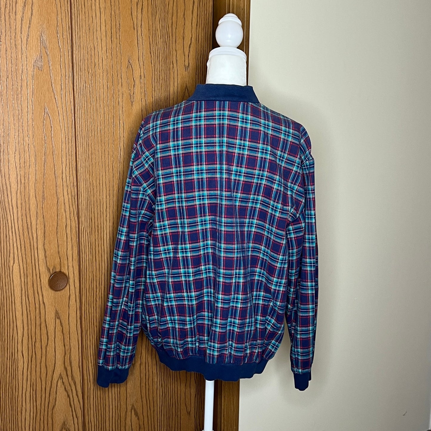 Vtg 90s Alfred Dunner Blue Tartan Plaid Bomber Jacket Light-weight Classic Holiday Alternative