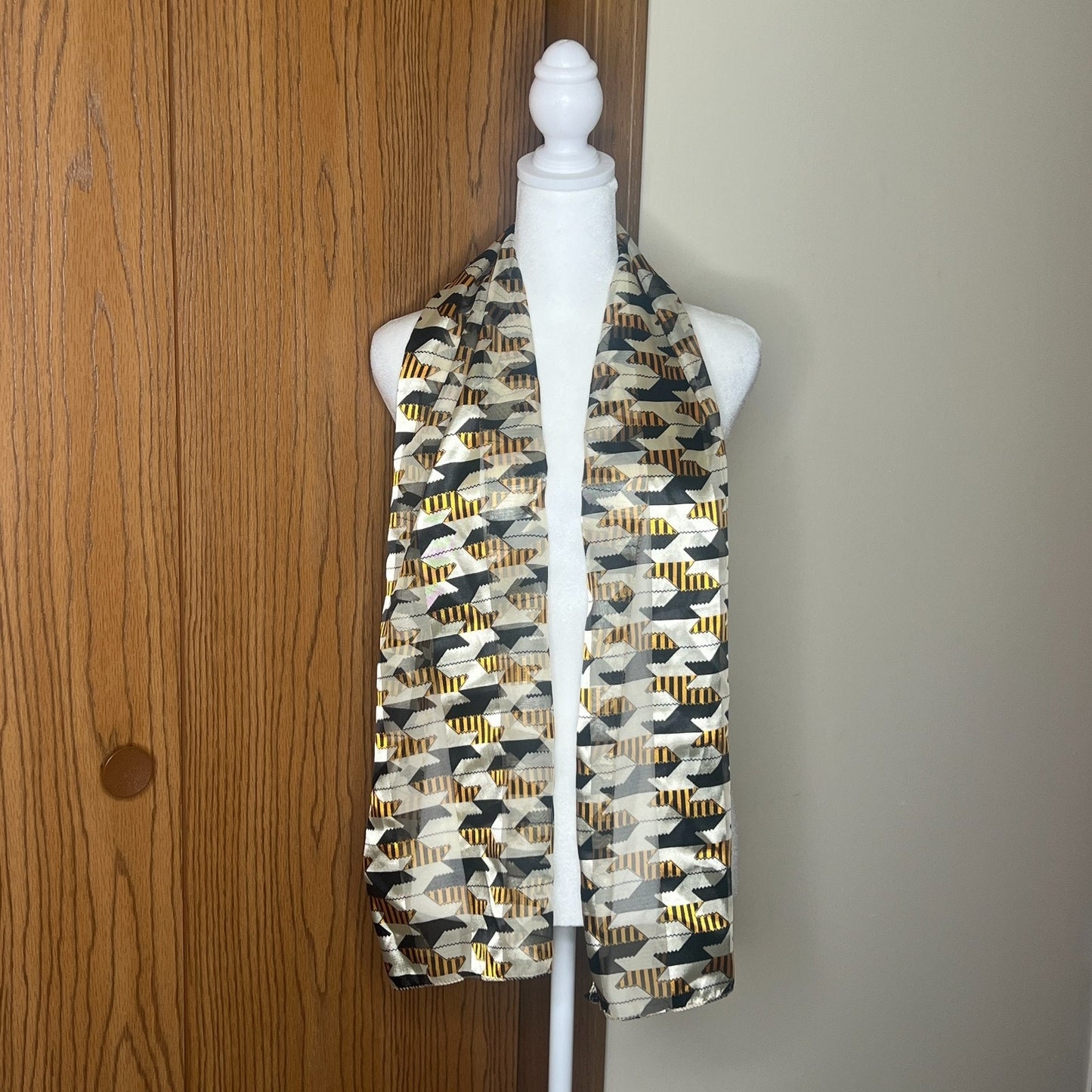 Vtg 80s Geometric Scarf Gold Black Semi Sheer Groovy Artsy Eclectic Maximalist