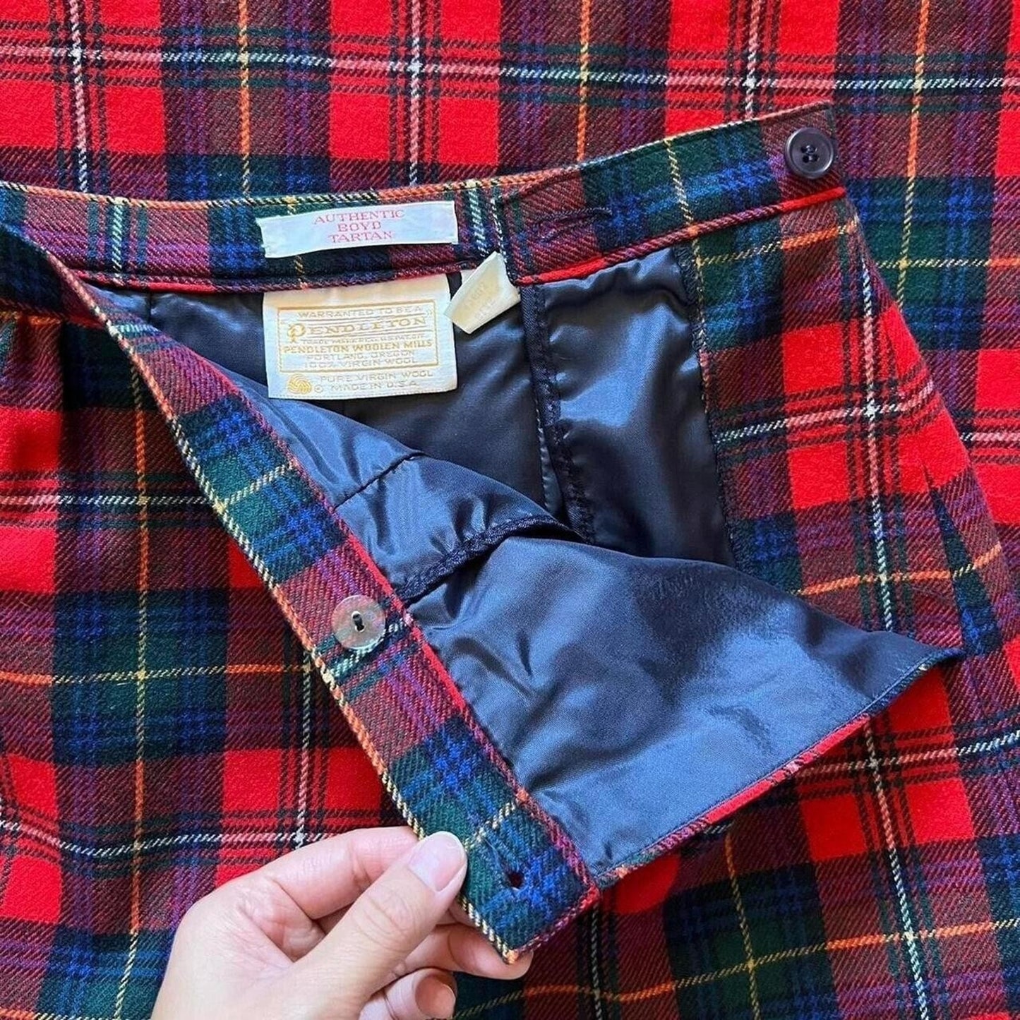 Vintage Pendleton Womens Tartan Plaid Midi Skirt Size 8 Pure Virgin Wool Red Blue Made in USA
