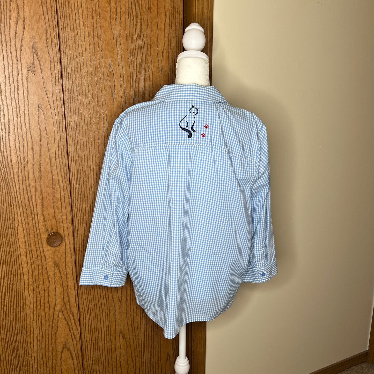 Vtg Breckenridge Embroidered Cat Button-up Gingham Cottage Whimsical Farmhouse