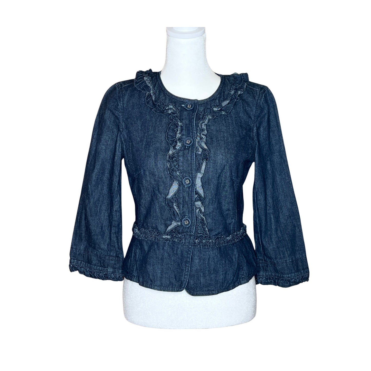 Ann Taylor Denim Ruffled Jacket Size 2P Y2K Office Siren Preppy Feminine Classic Formal