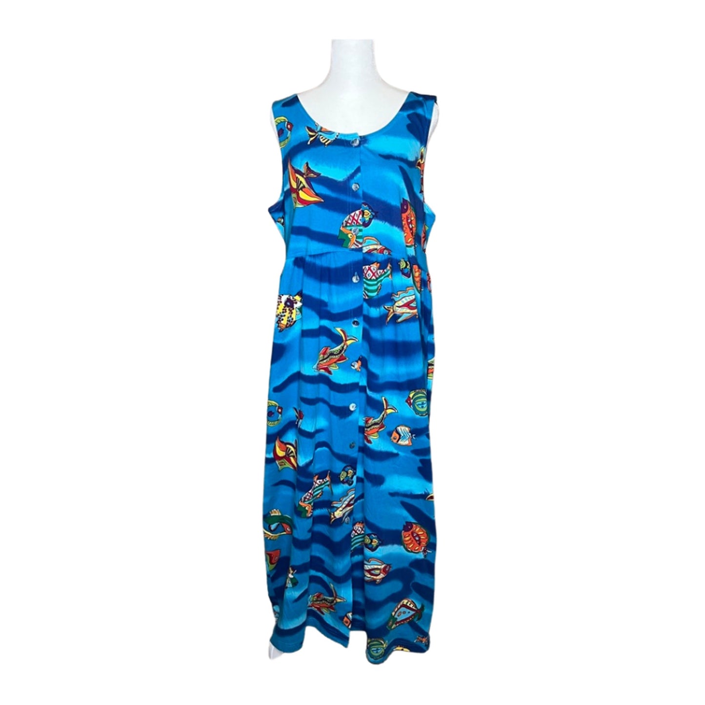 Vtg 90s Carole Little Fish Print Maxi Dress Multi-color Novelty Resort Tropical