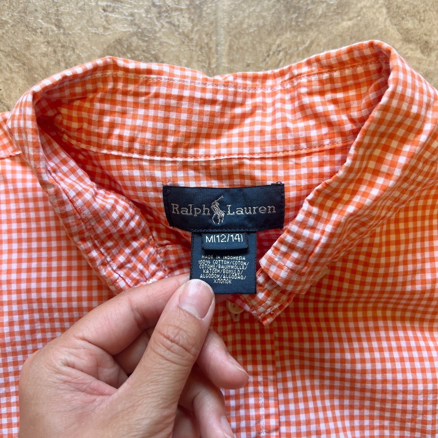 Vtg Y2K Ralph Lauren Boys Button-down M (12/14) Orange Gingham Preppy Classic