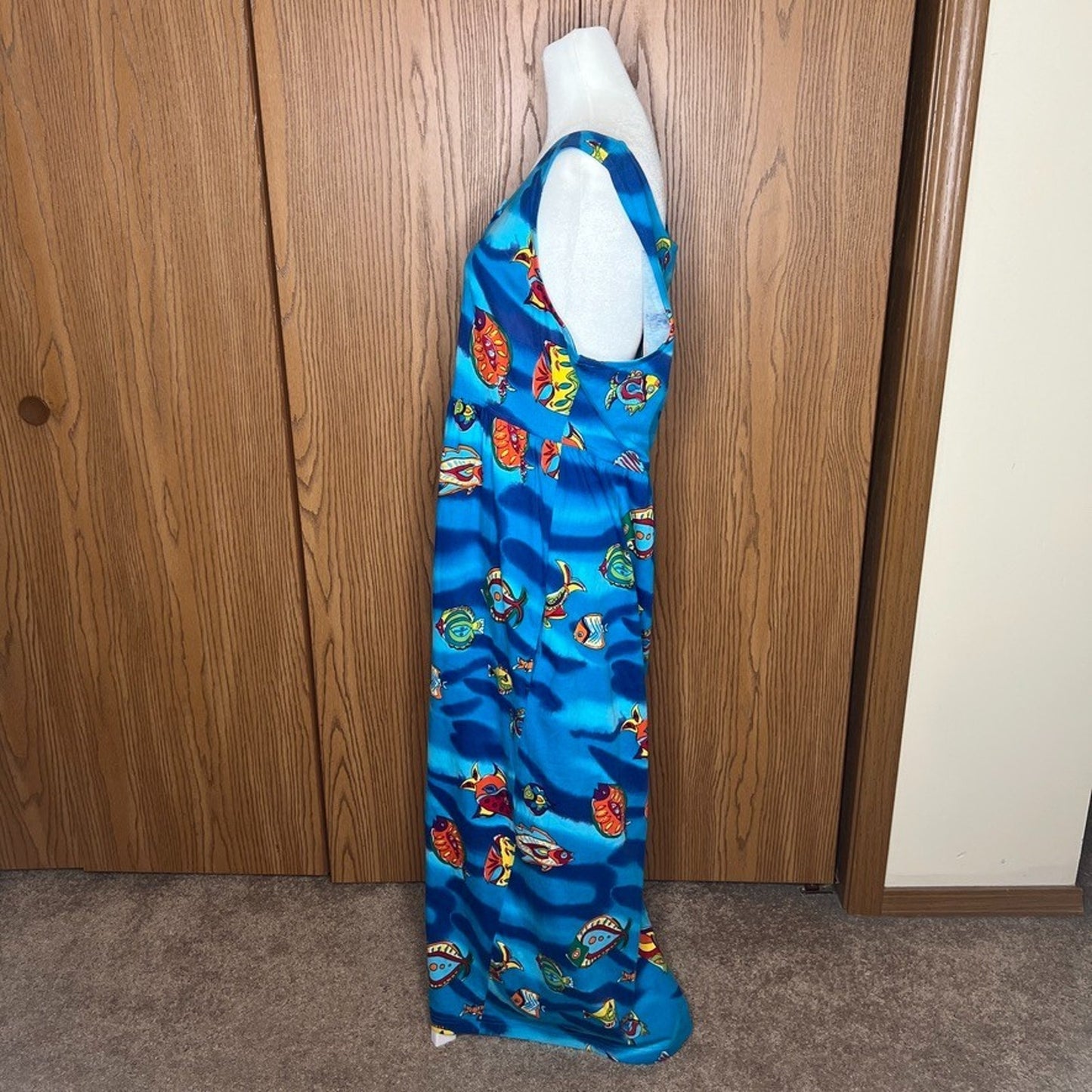 Vtg 90s Carole Little Fish Print Maxi Dress Multi-color Novelty Resort Tropical