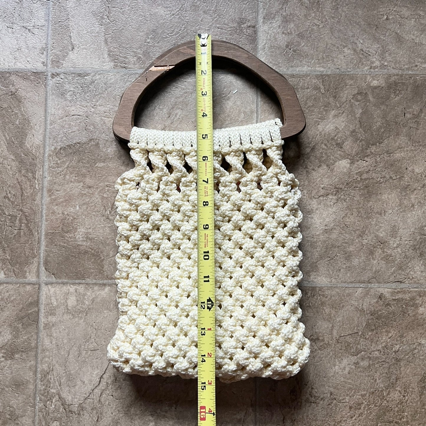 Vintage Macrame Wooden Handle Bag Crochet Cream Floral Lining