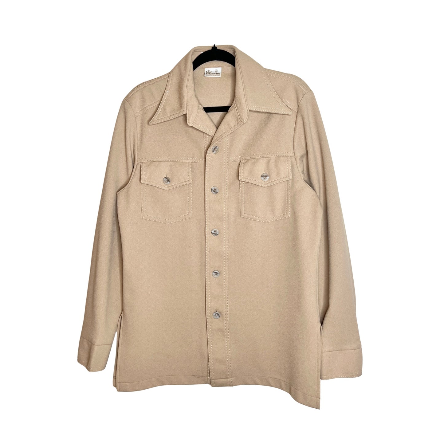 Vtg 70s Sears Kings Road Leisure Shirt 42 Tan Pointed Collar Disco Rockabilly