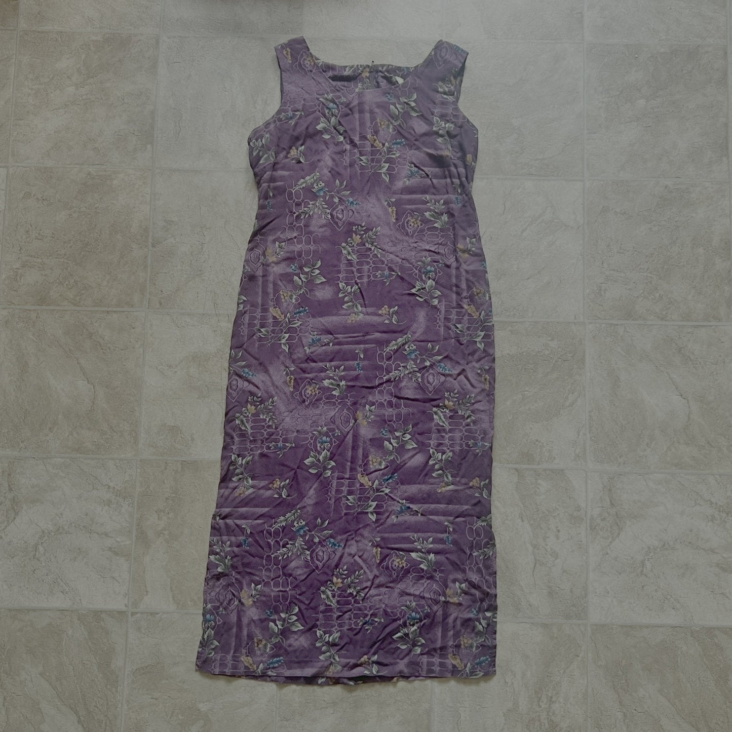 Vintage 90s Womens Midi Dress Purple Floral Sleeveless