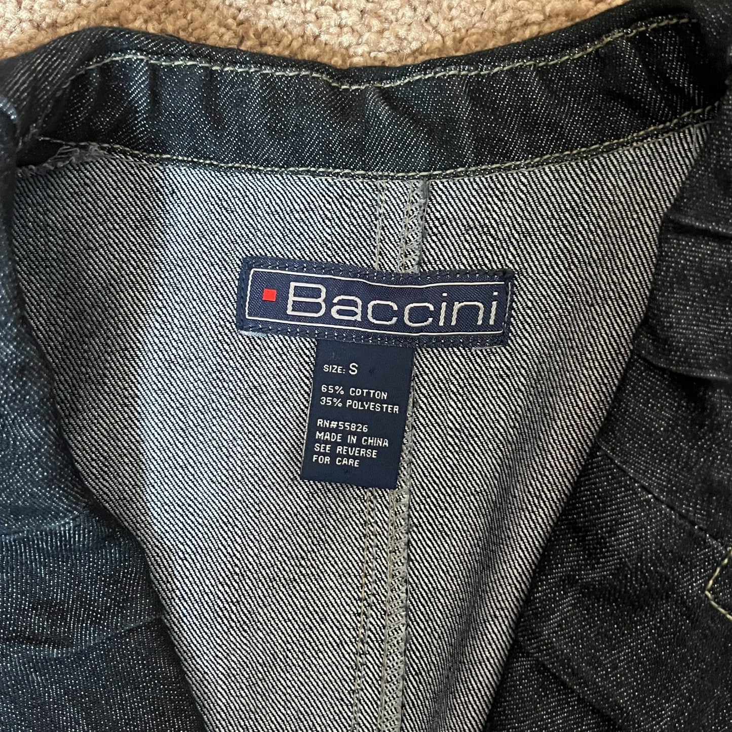 Vintage Y2K Baccini Womens Denim Jacket Dark Wash Ruffle Collar Structured Baddie Grunge Classic Timeless