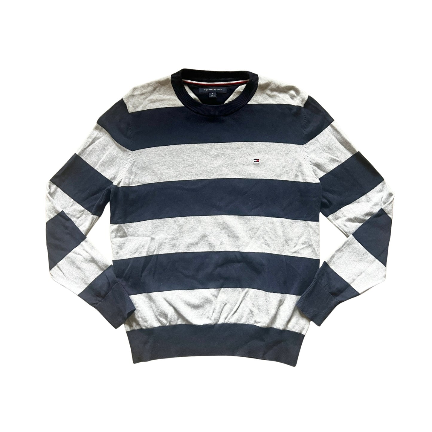 Tommy Hilfiger Womens Striped Sweater Size M Gray Navy Embroidered Logo Nautical Coastal