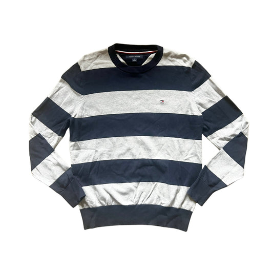 Tommy Hilfiger Womens Striped Sweater Size M Gray Navy Embroidered Logo Nautical Coastal