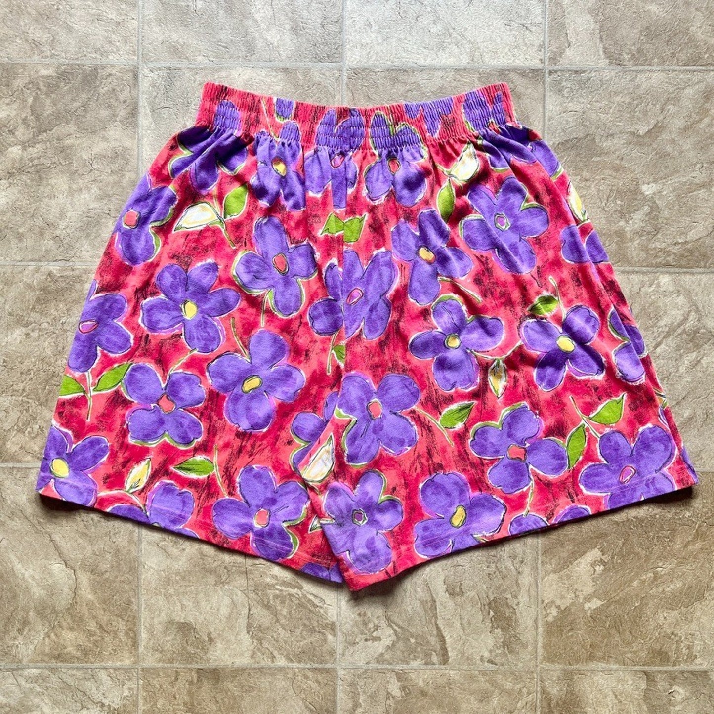Vtg 80s YS Sport Floral Shorts 2X Multi-color Elastic Whimsical Vibrant Artsy