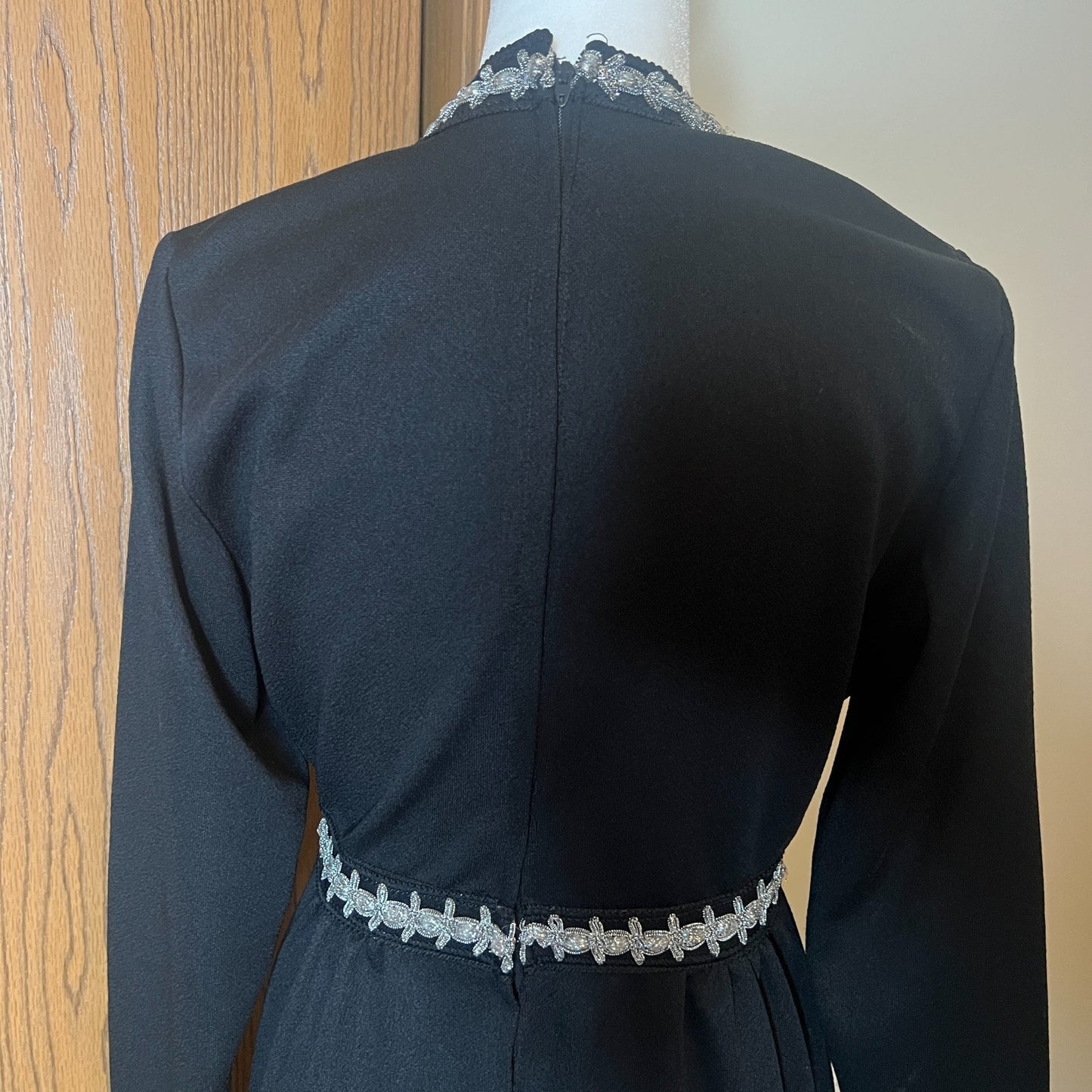 Vintage 70s Womens Black Maxi Dress Embellished Tinsel Empire Waist Witchy Whimsigoth