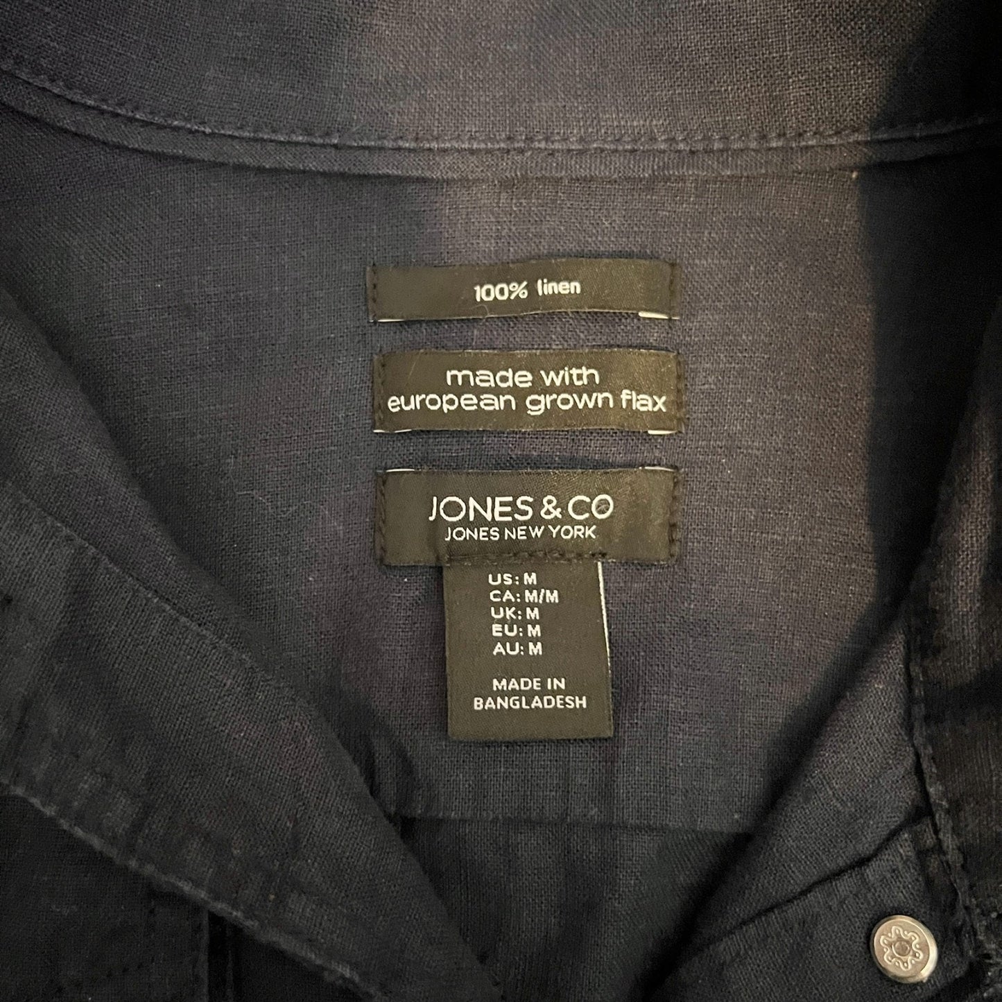 Jones NY 100% Linen Button-down M European Grown Flax Navy Minimalist Classic