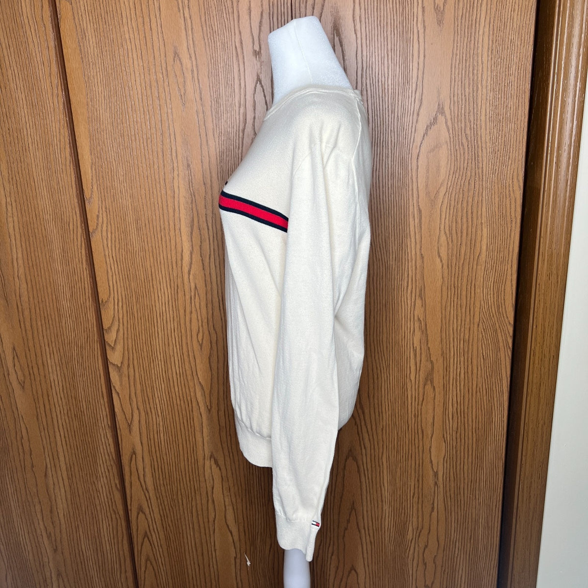 Tommy Hilfiger Sweater S Cream Chest Stripe Preppy Classic Minimalist Academia
