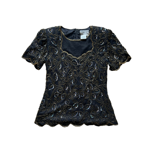 Vintage Papell Boutique Evening Womens 100% Silk Beaded Top Size L Black Leaf Pattern Scallop Hem