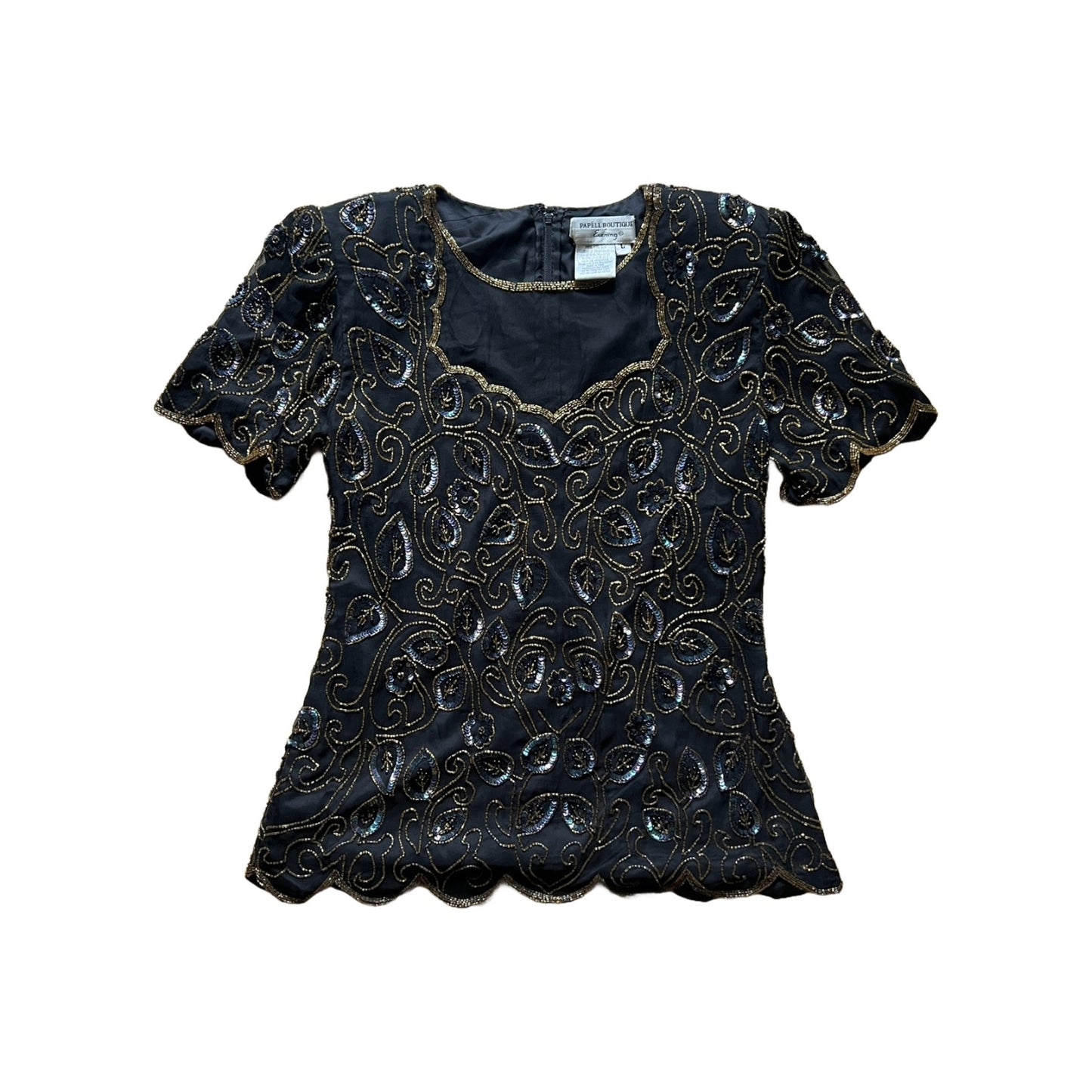 Vintage Womens 100% Silk Beaded Top L Holiday Whimsigoth Victorian Party Glam