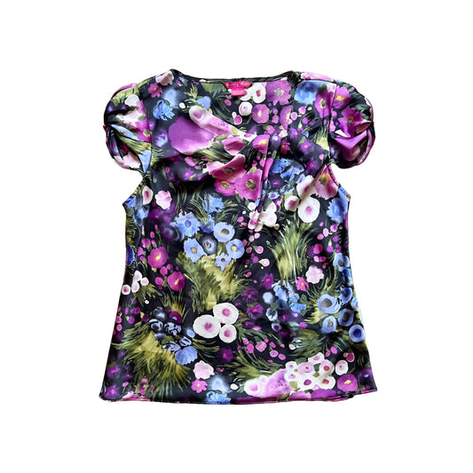 Vintage Y2K Sunny Leigh Womens Top Size L Artsy Floral All Over Print Ruched Neckline