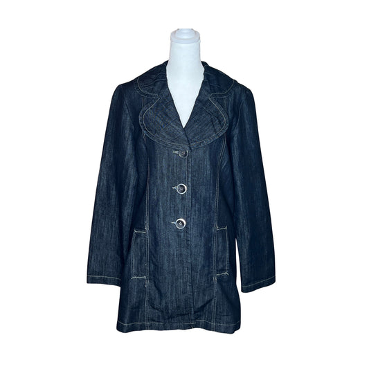 Vintage Y2K Baccini Womens Denim Jacket Dark Wash Ruffle Collar Structured Baddie Grunge Classic Timeless