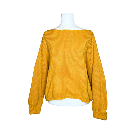 French Connection Sweater S Mustard Yellow Ribbed Slouchy Boat Neck Cozy Vivid