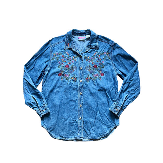 Vintage 90s Womens Floral Embroidered Denim Button-down Shirt Multi-color Cottagecore Garden