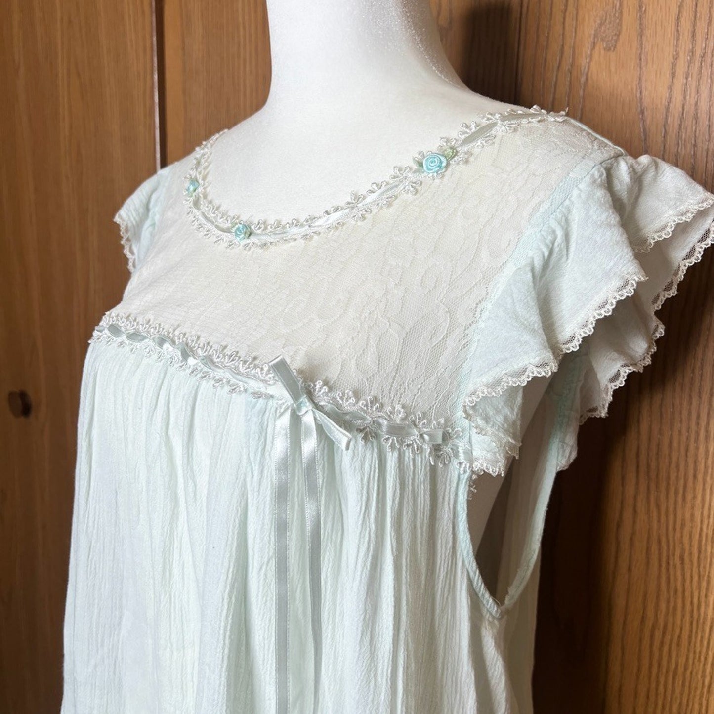 Vtg 90s Moon Dance Nightgown L Blue Rosettes Lace Sheer Coquette Fairy Dainty
