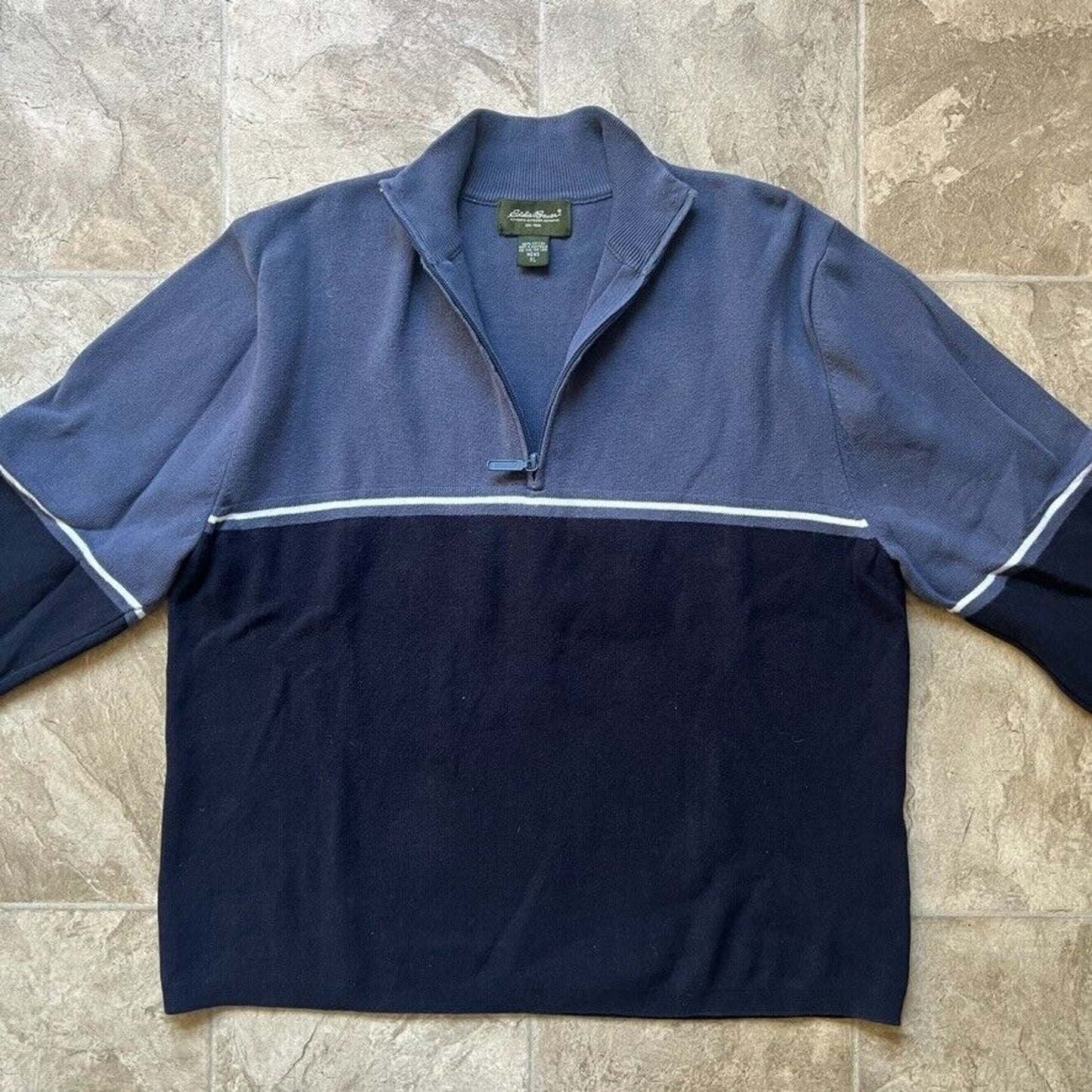 Eddie Bauer Mens Sweatshirt XL 1/4 Zip Blue Stripe Outdoor Sporty Grunge Skater