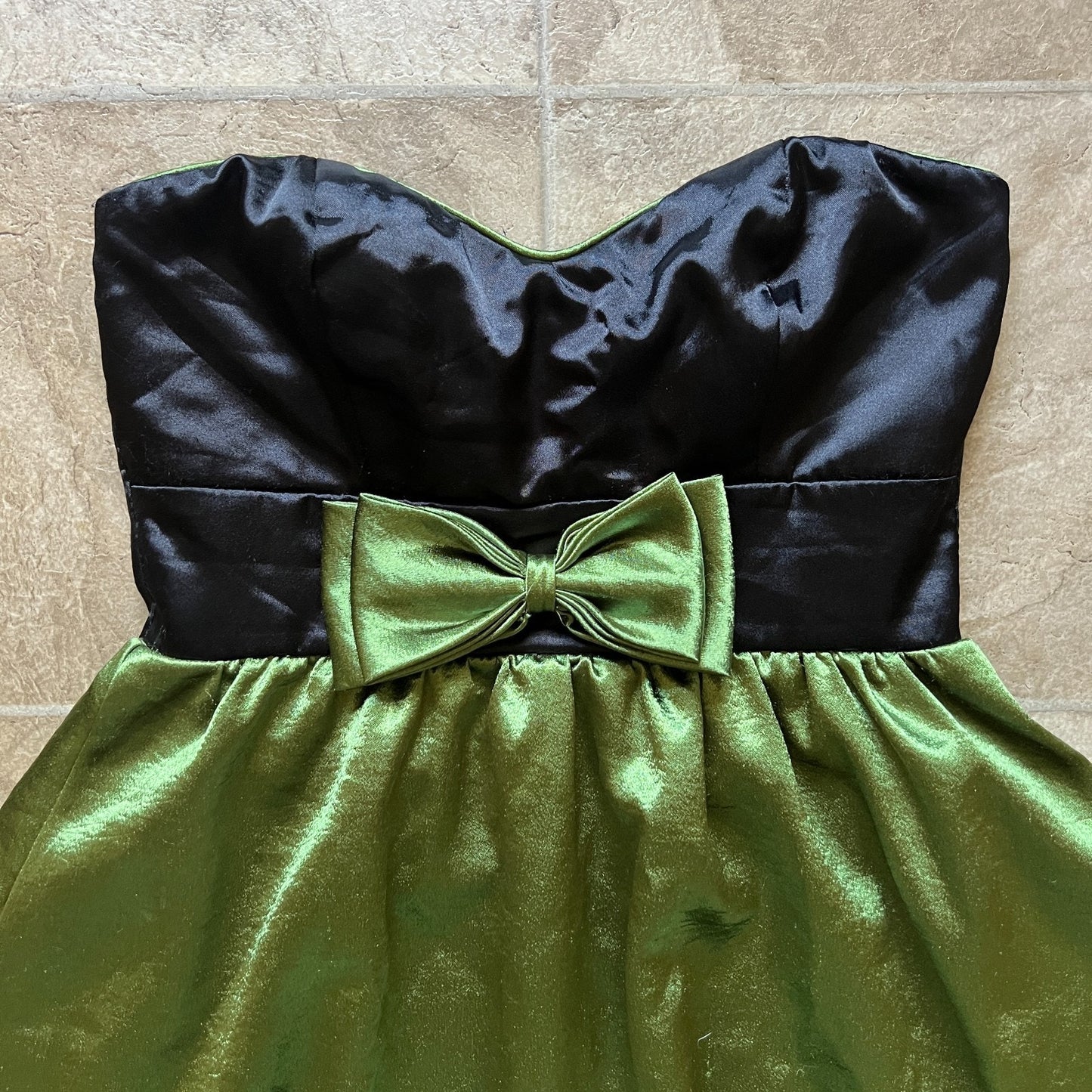 Vtg Y2K Trixxi Mini Dress Black Green Bow Bubble Hem Mall Goth Punk Hoco Party