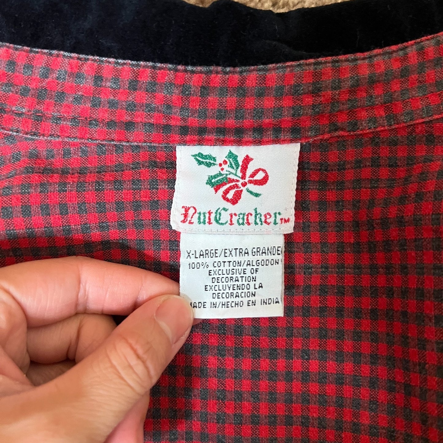 Vtg Nutcracker Christmas Shirt XL Plaid Embroidered Velvet Collar Holiday Retro