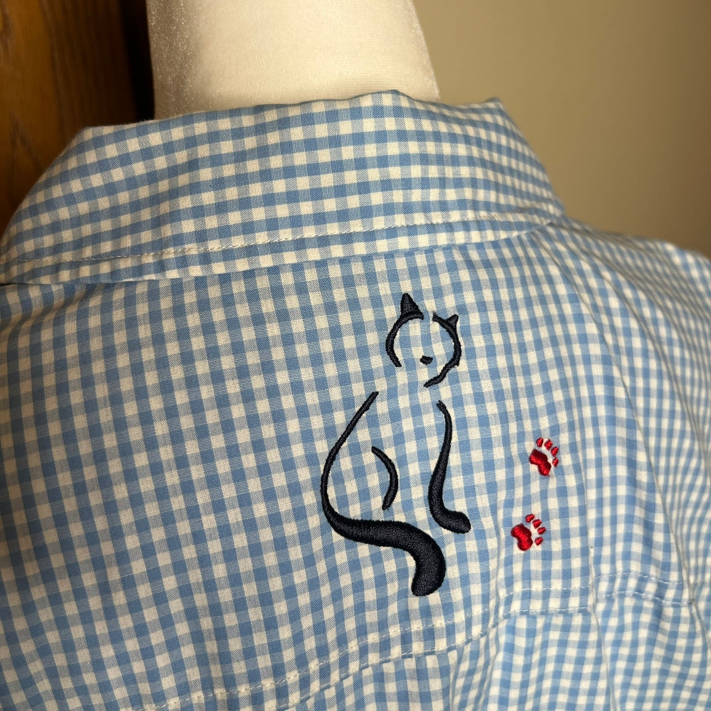 Vtg Breckenridge Embroidered Cat Button-up Gingham Cottage Whimsical Farmhouse