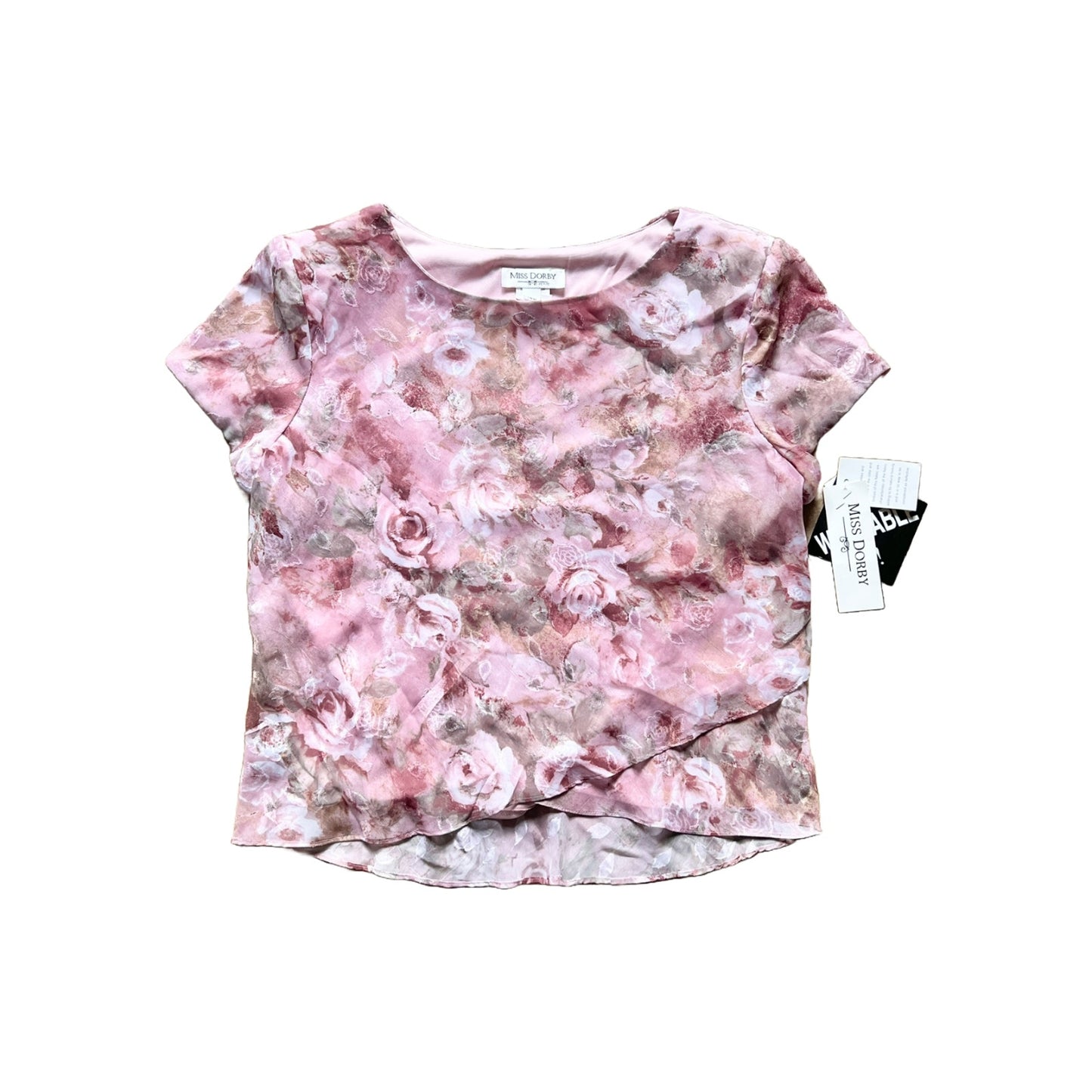 Vintage Deadstock Miss Dorby Floral Top 16P Pink Mesh Overlay Feminine Romantic