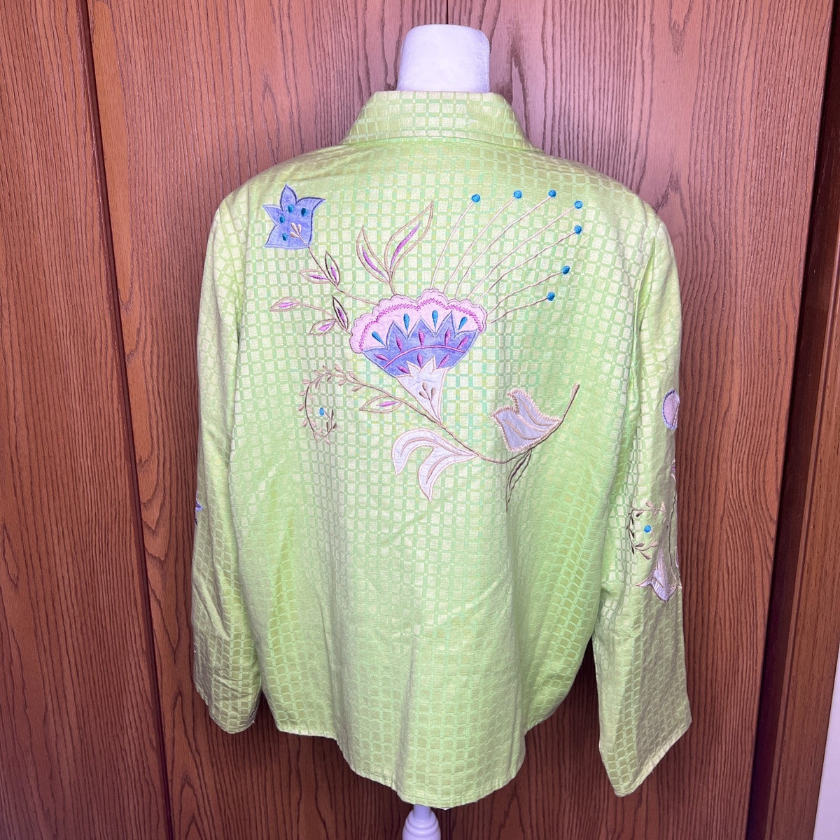 Vintage Embroidered Floral Jacket L Green Embroidered Art to Wear Whimsical Boho