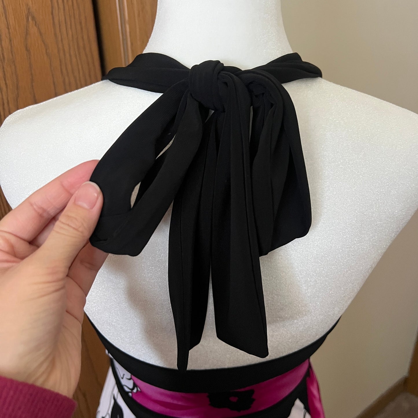 Vtg Y2K Babydoll Halter Dress Size S Black Pink Floral Slinky Feminine Fairy Resort