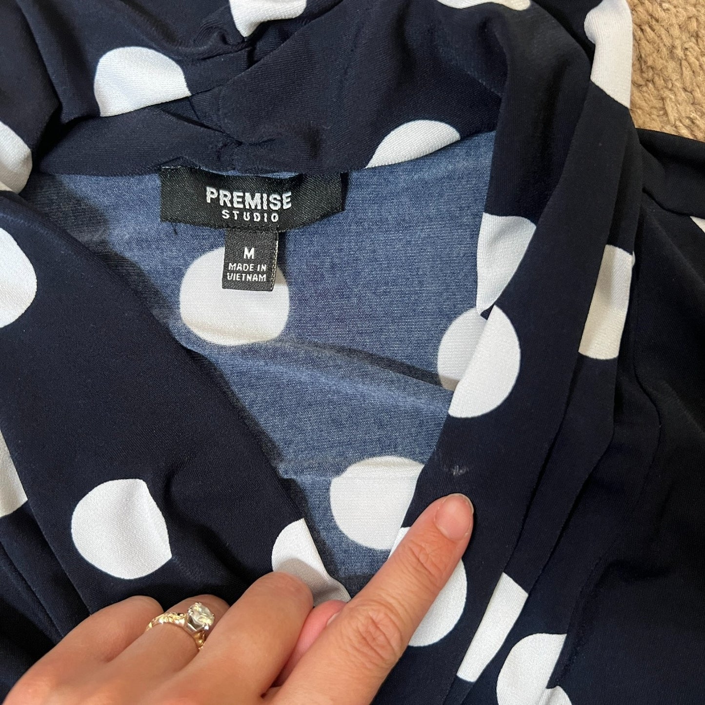 Premise Studio Polka Dot Top M Navy Ruched Slinky Twee Preppy Nautical Classic