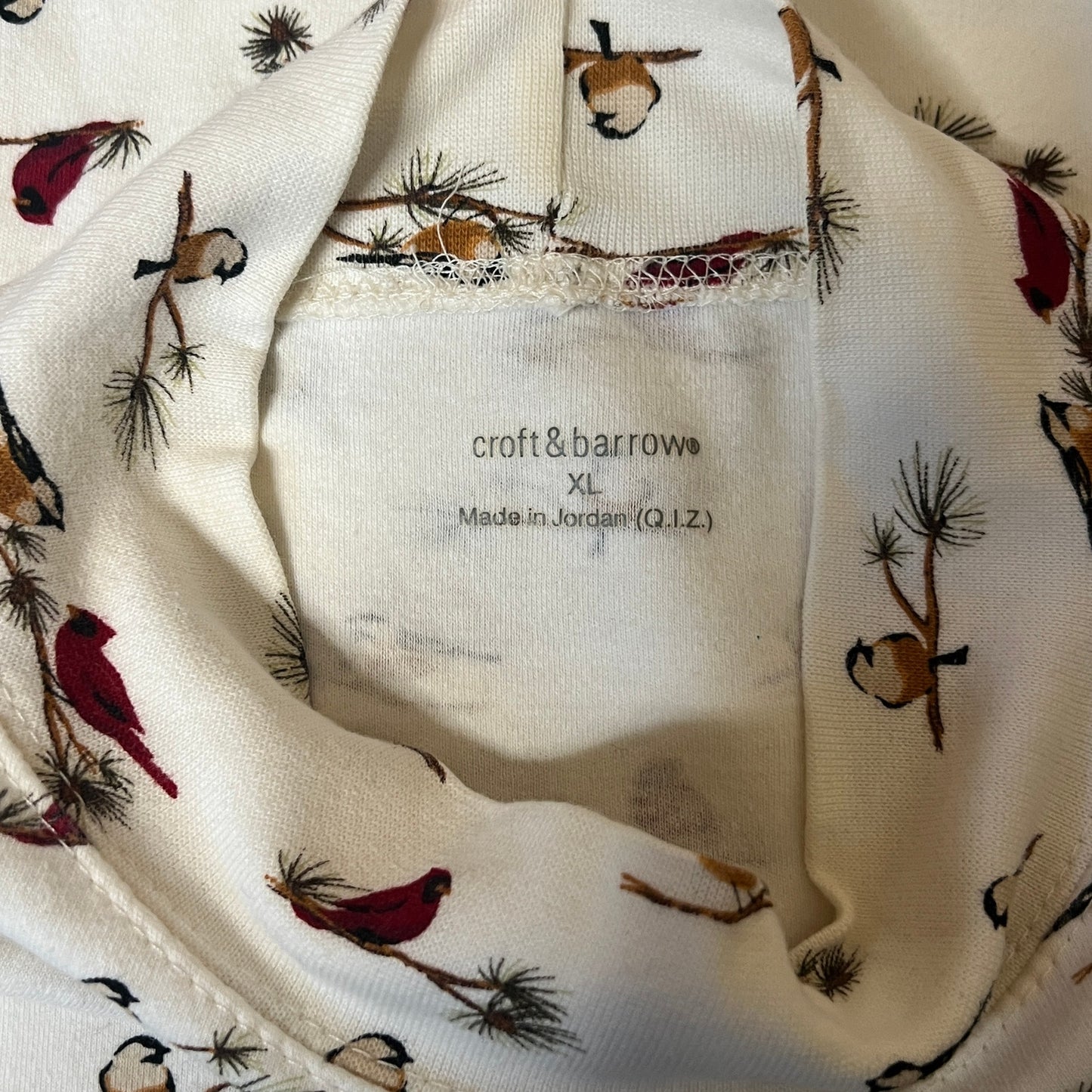 Croft & Barrow Bird Print Mock Neck Long Sleeve XL White Multi-color Christmas Holiday Nature