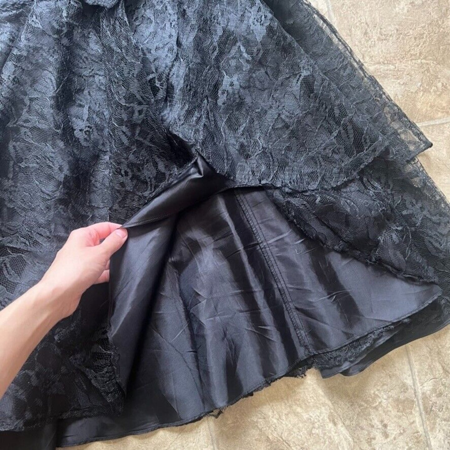 Vtg 80s Frederick's of Hollywood Dress Black Lace Ribbon Drop Waist Witchy Goth