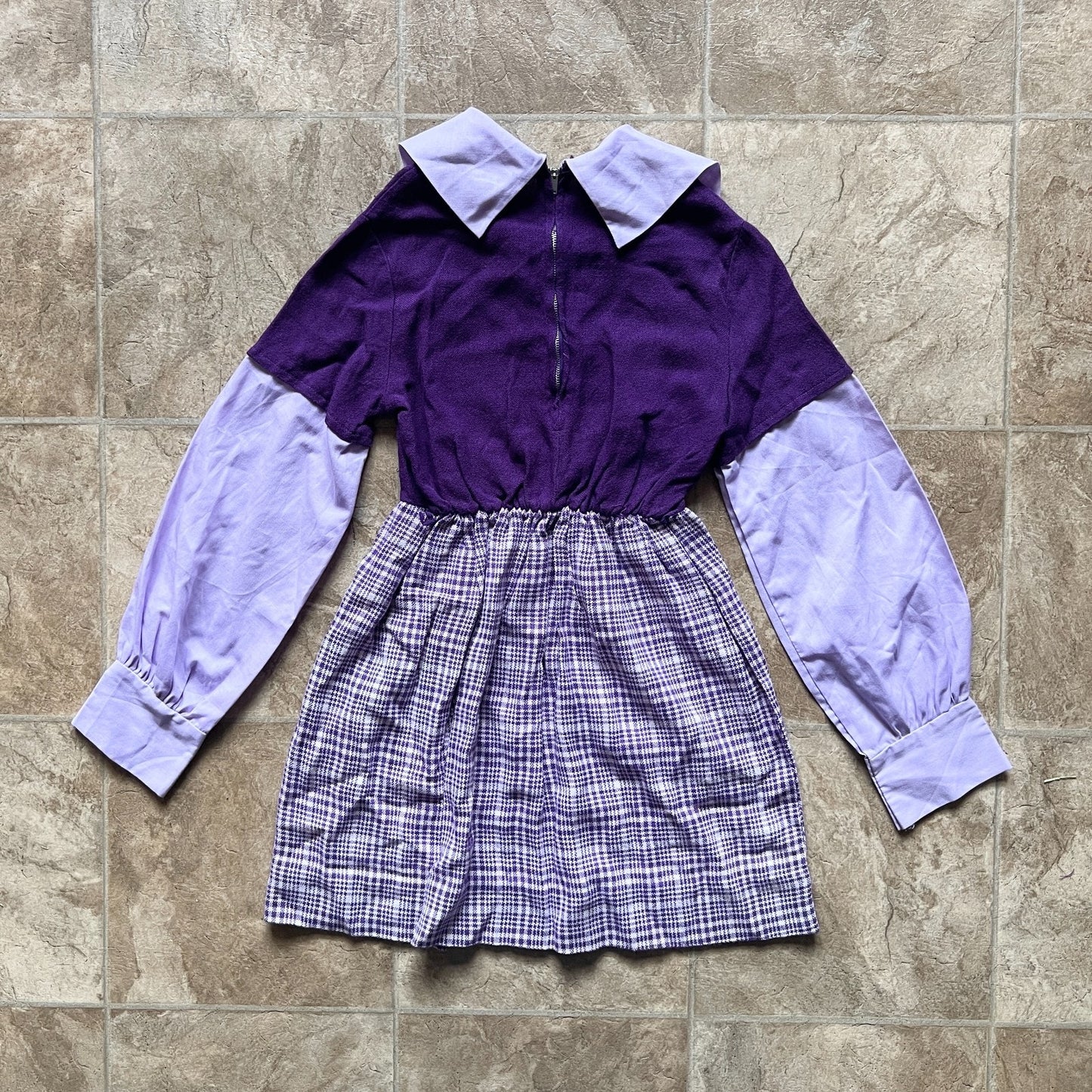 Vintage 70s Girls Purple Plaid Swing Dress Knit Pointed Collar Mod Preppy Academia