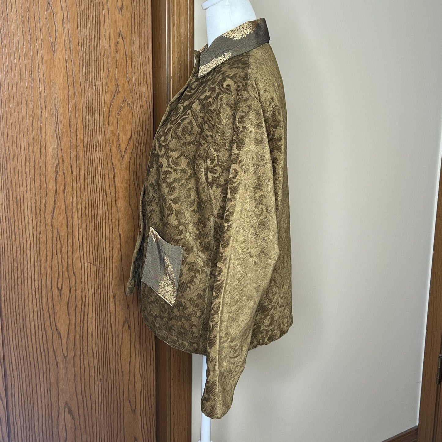 Odile Anthropologie Womens Tapestry Jacquard Jacket Size S Khaki Green Gold Vintage Inspired Artsy Eclectic Avant Garde