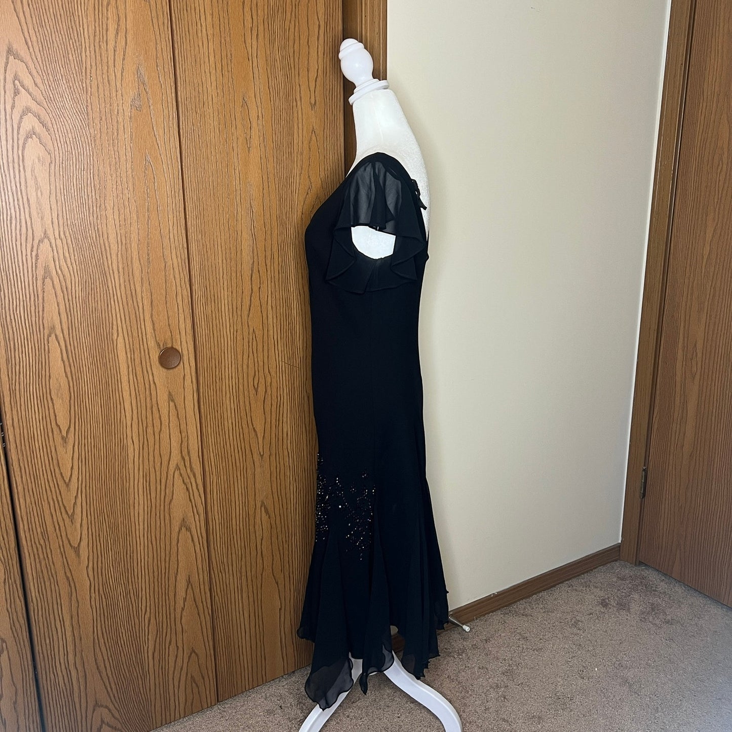 Vtg 90s SL Fashions Hankerchief Dress 12 Black Beaded Fairy Witchy Formal NYE Cocktail